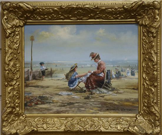 Roderick Lovesey, oil on board, Edwardian beach scene, signed, 19 x 24cm